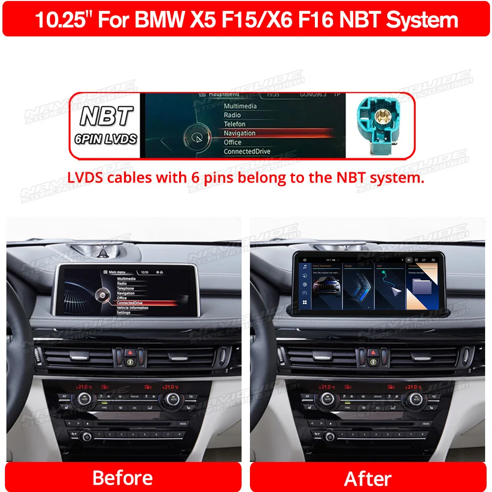 NAVIGUIDE 10.25'' 1280*480P Android12 Car Multimedia Player GPS For BMW X5 F15 X6 F16 2014-2016 Wireless CarPlay Radio Screen BT