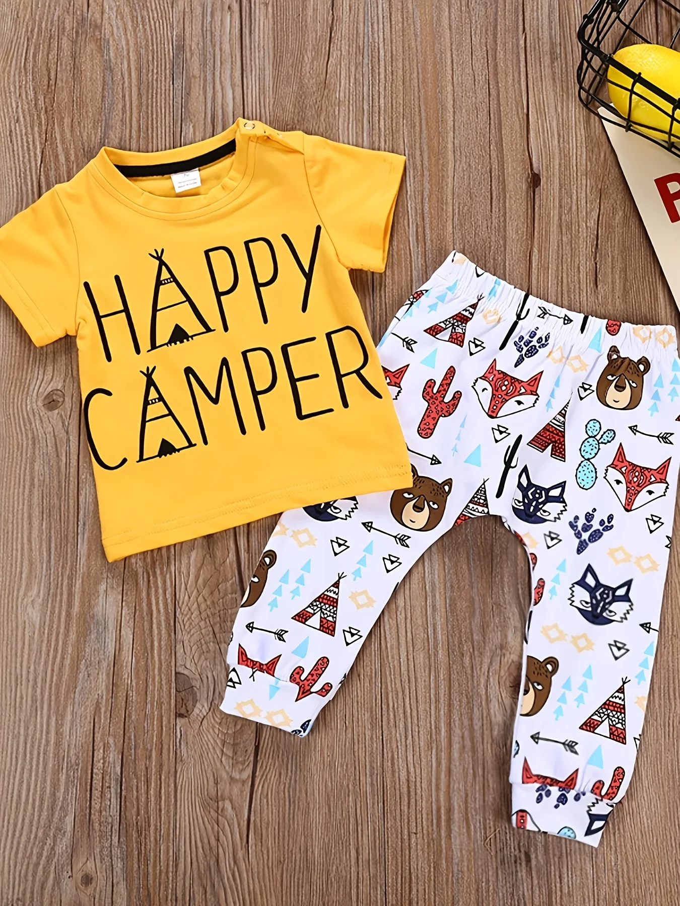 

Baby boy round neck short sleeved HAPPY CAMPER letter top+fox print pants spring/summertwo-piece set
