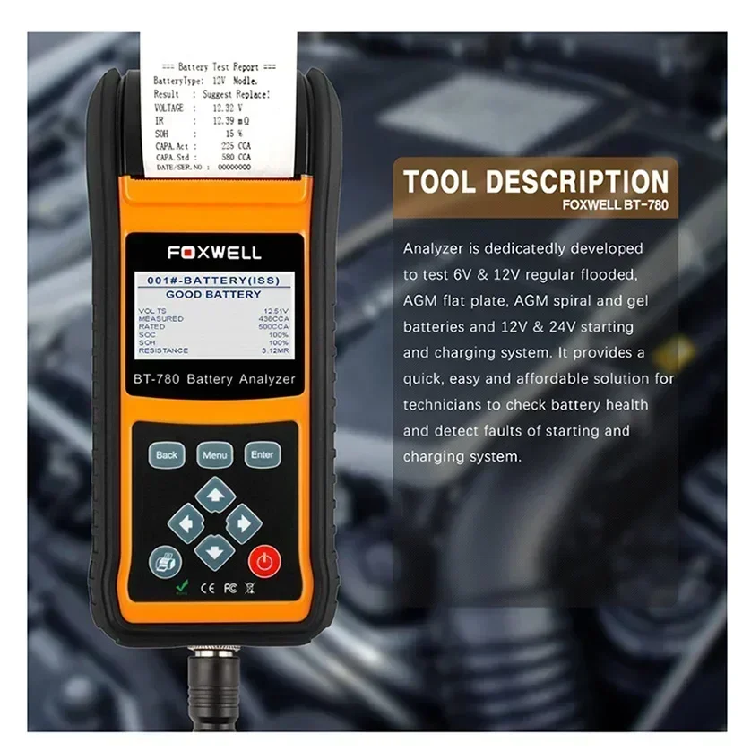 A+ FOXWELL BT780 12V Battery Tester 0-1000A Car AGM GEL EBP Batteries Analyzer Built-in Printer 12V-24V Starting Charging System