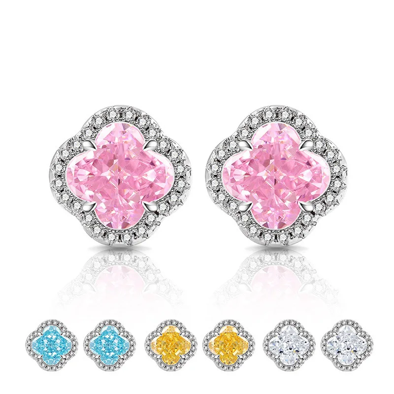 

Sterling Silver 925 Fire Color Clear Elegant Ice Flower Cut Crystal Zircon Clover Earrings Shine Birthday