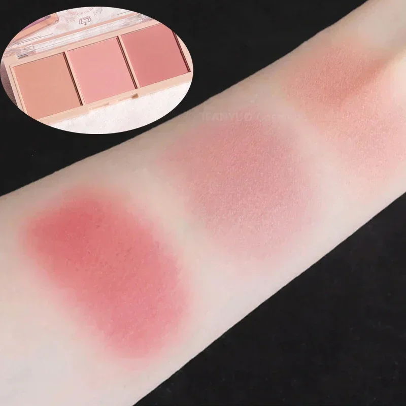 Paleta de rubor de melocotón de 3 colores, polvo mate, tinte para mejillas, colorete facial, maquillaje de sombra de contorno de color naranja de larga duración multifuncional