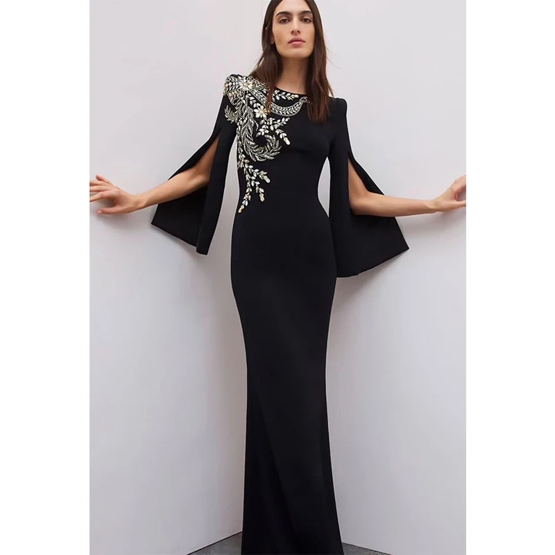 

L507 Customized Black Long Sleeves Crepe Sliver Crystal فساتين السهرة vestidos de fiesta فساتين سهره evening dresses
