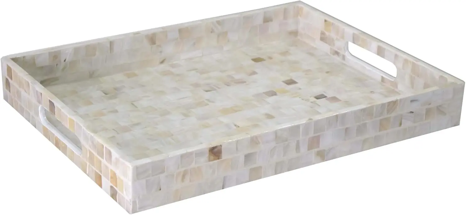 

Rectangular Mother Of Pearl Serving Tray Nacre Wood Lap Ottoman Tray For Coffee Table, Luxury Decorative Handmade Eating