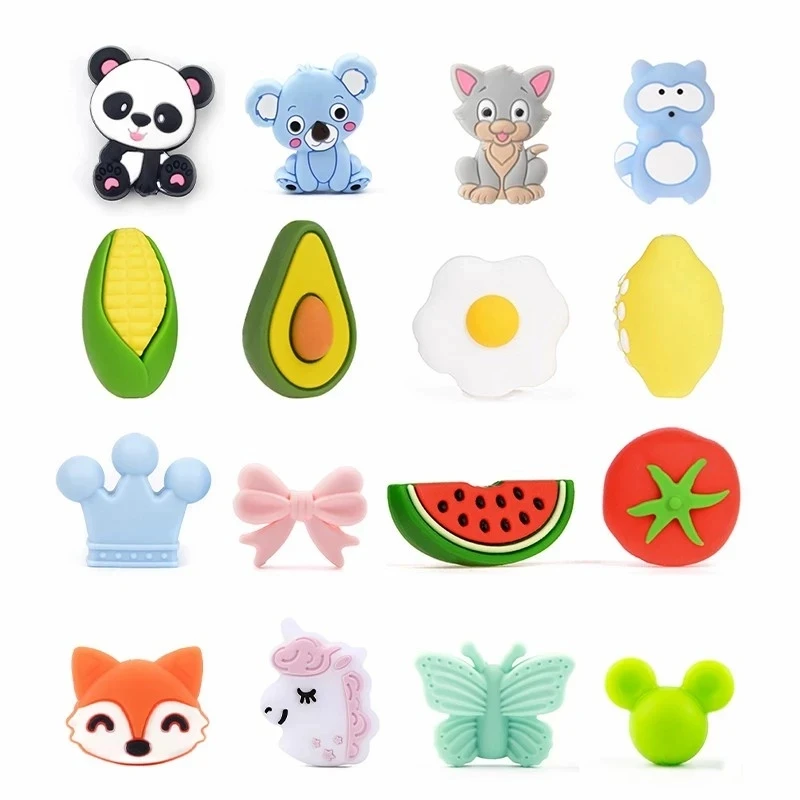 LOFCA  Animal Beads Silicone BPA Free For Teething Necklace Leaves Beads Baby Teether Elephant Head Teething Toy Fox Accessories