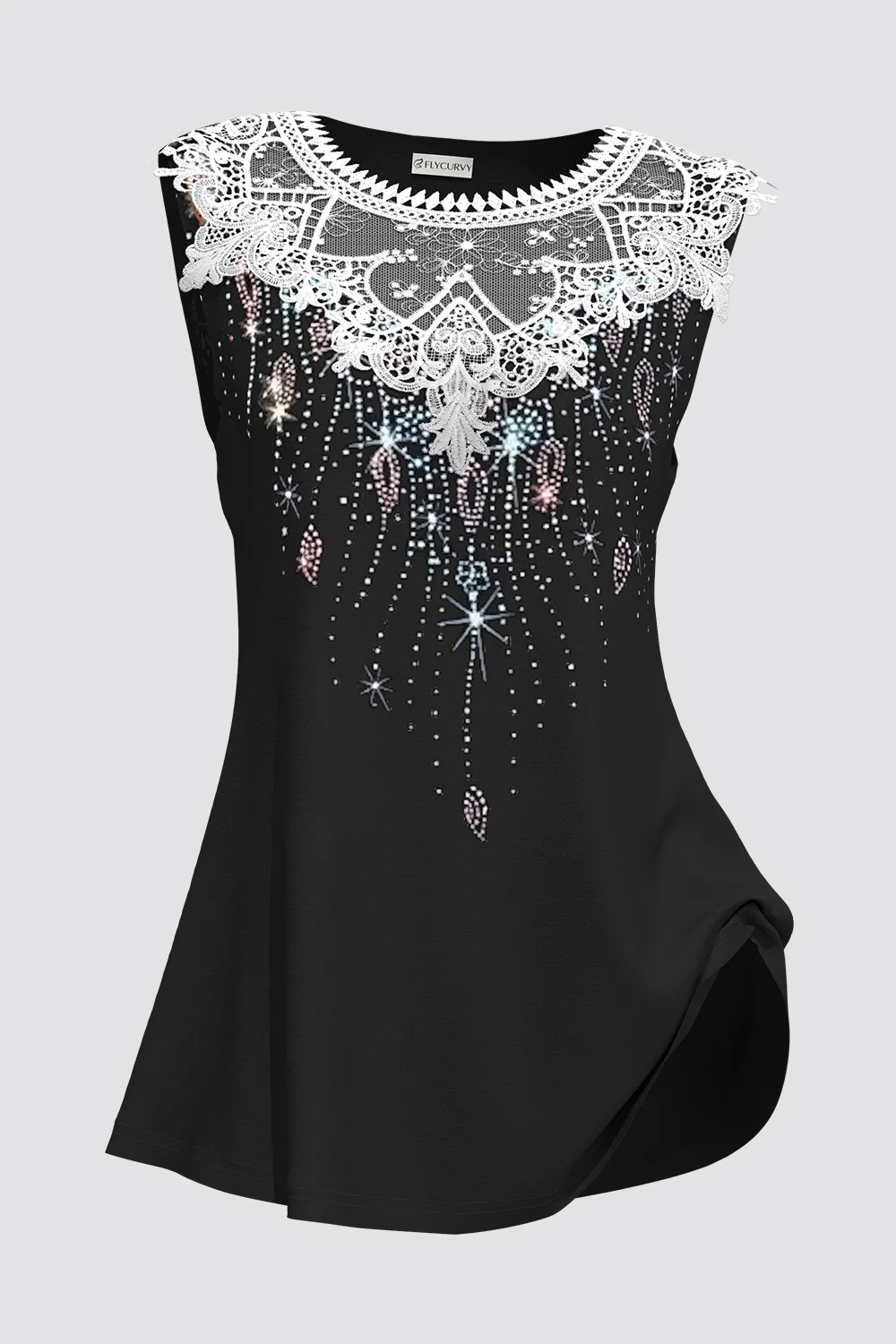 Flycurvy Camiseta sin mangas con lentejuelas y panel de encaje negro informal de talla grande