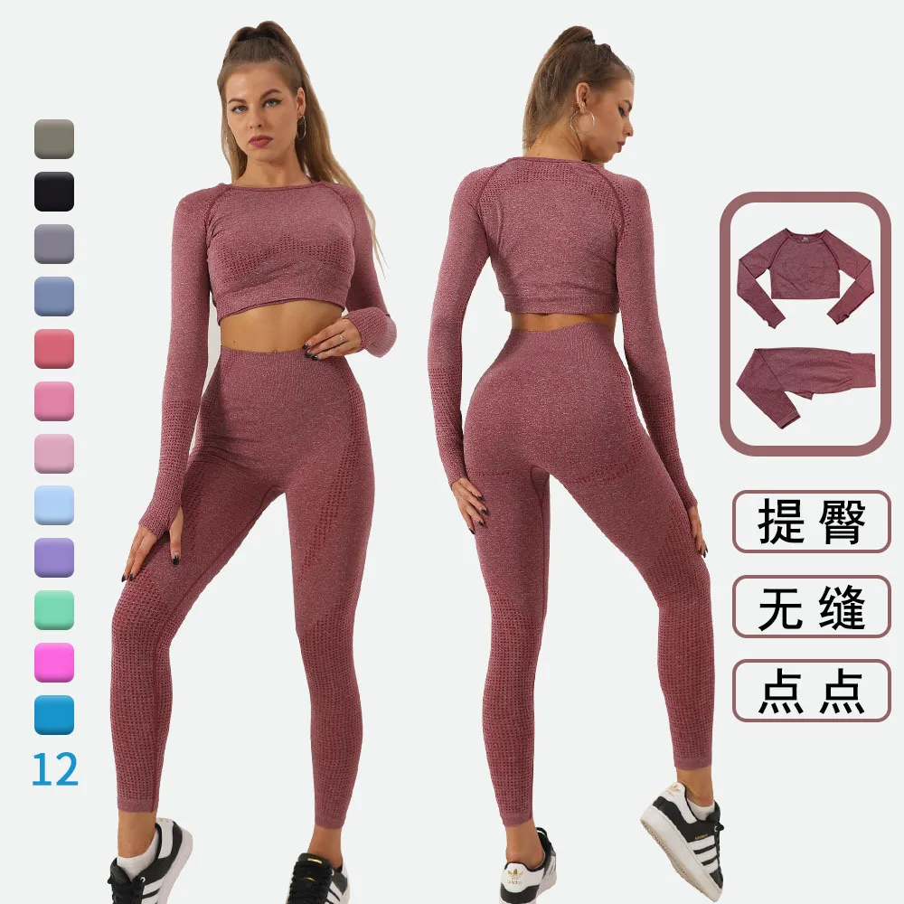 2Pcs Gym Women Sets Seamless Yoga Set High Waist Gym Sportwear Push Up Sport Workout Sets Fitness Long Sleeve Gym Suit