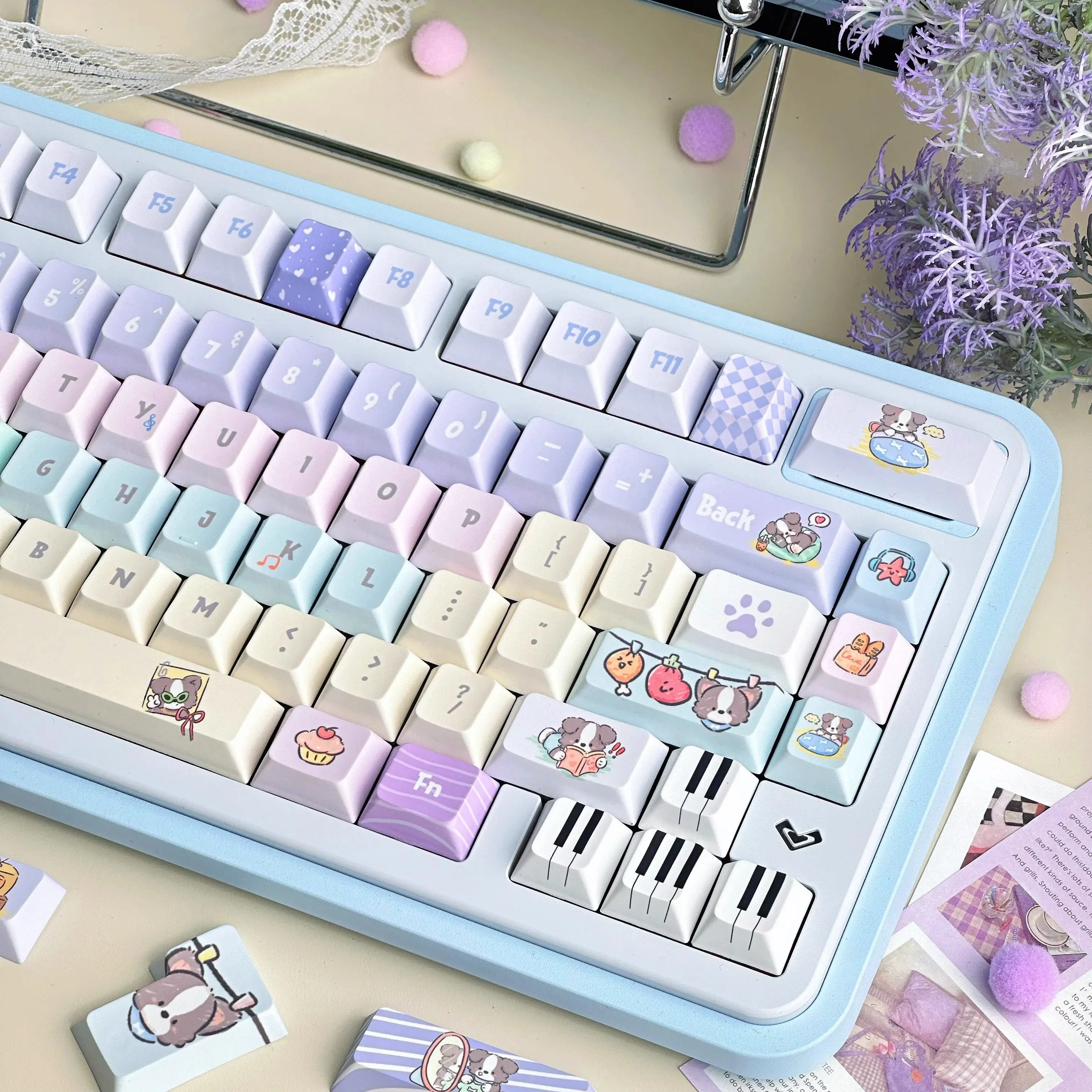 filhote de cachorro border collie keycap bonito lavanda nota piano key macaron azul roxo pbt cereja candy color 141key 01