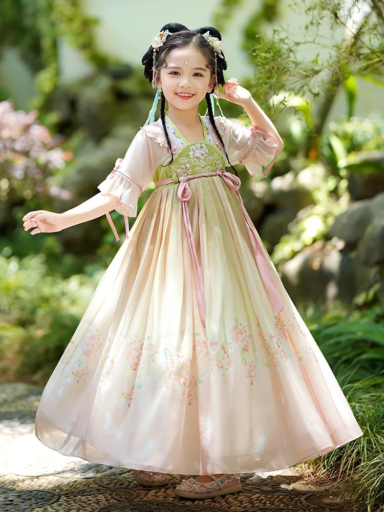 

Girl Traditional Floral Embroidery Hanfu Costume Robe Ancient Chinese Tang Suit Children's Stage Performance Outfts