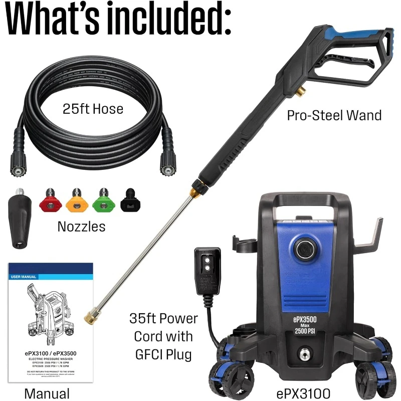 ePX3500 Electric Pressure Washer, 2500 Max PSI Technology, Onboard Soap Tank, Pro-Style Steel Wand, 5-Nozzle Set home.