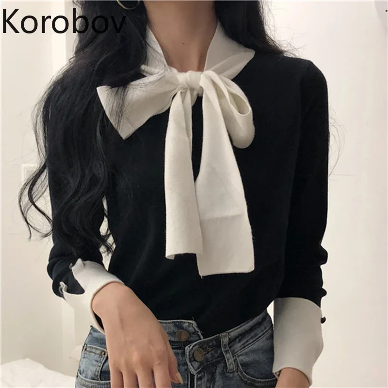 

Korobov Korean Lacing Bow Sweet Women Pullovers Hit Color Basic Long Sleeve Female Sweaters Elegant Patchwork Sueter Mujer 79063