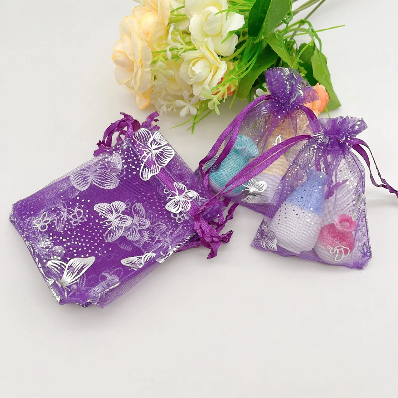 Butterfly Dark Purple Organza Gift Bags, Drawstring Pouch, Jewelry Storage Bags, Wedding Packing, 100Pcs