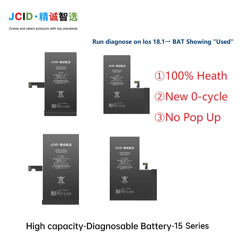 2 قطعة JCID بطارية تشخيصية عالية السعة 100% الصحة لا المنبثقة المستخدمة TI لوح حماية آيفون 12 13 14 15ProMax على IOS 18 #3