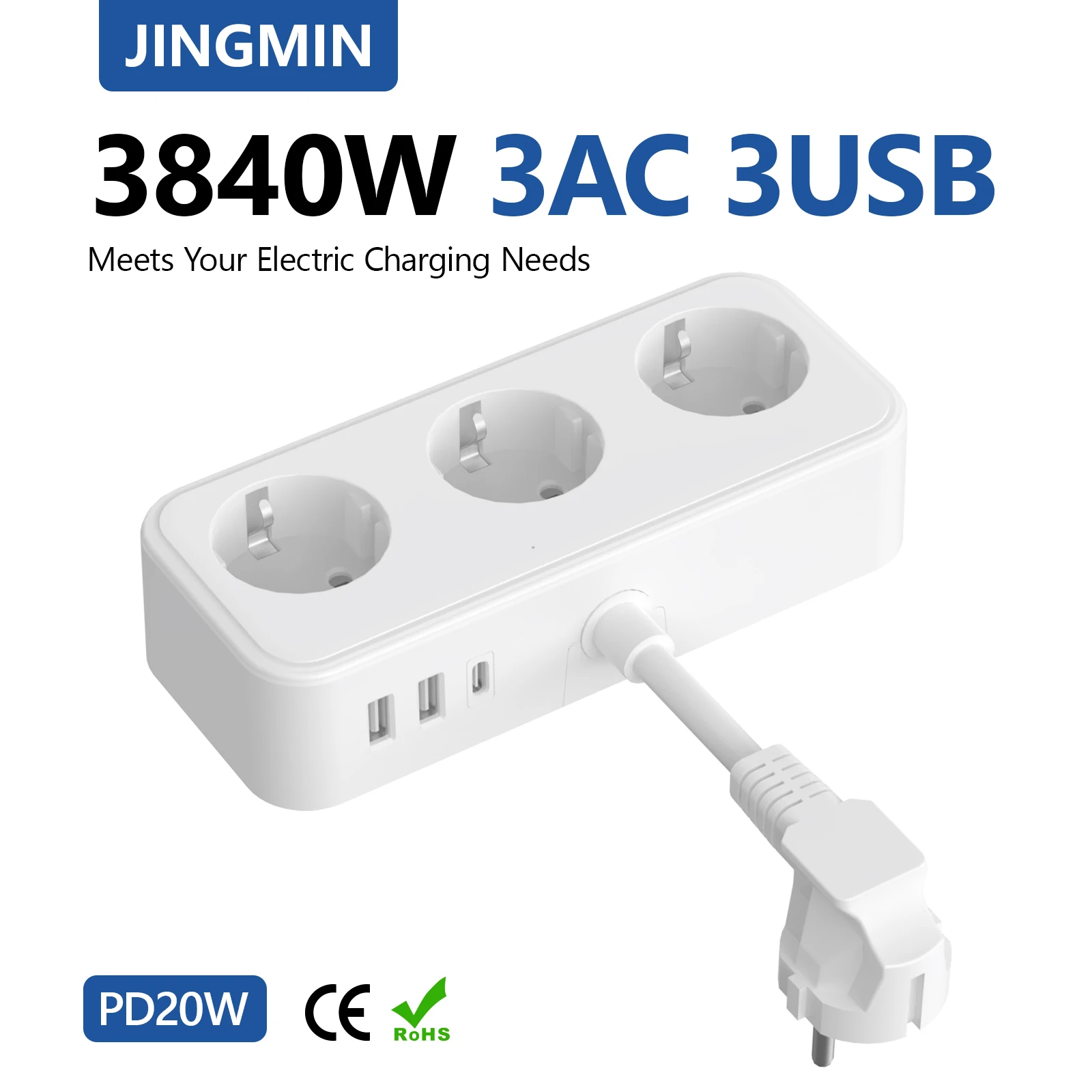 JINGMIN Power Strip With USB 2 Compartments Power Strip With 3 USB Ports 5 In 1 Socket Adapter Wall Socket With Flexible Cable