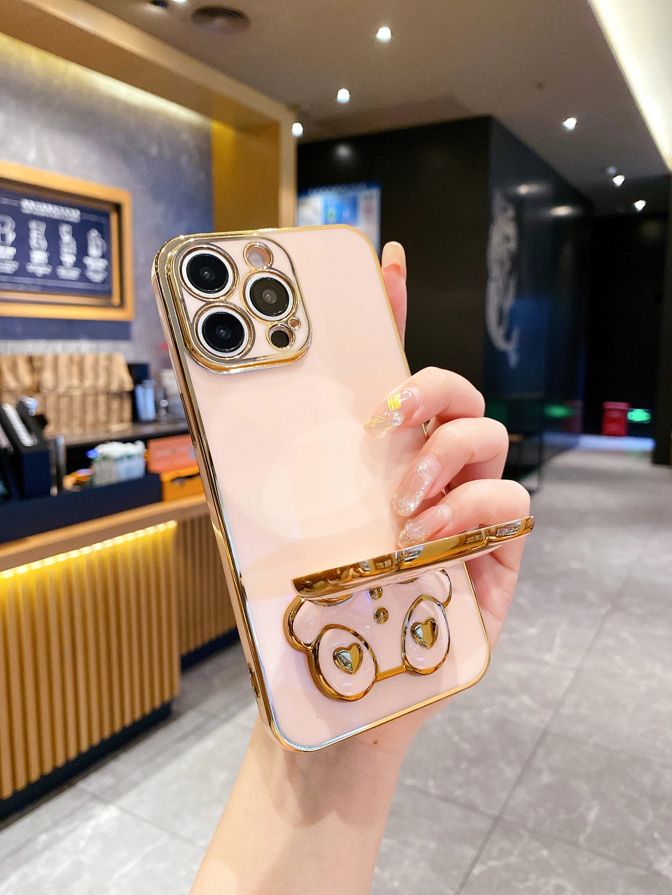 럭셔리 도금 팬더 거울 홀더 폰 케이스 아이폰 17 16 15 14 플러스 13 12 미니 11 프로 맥스 X XS XR 7 8 SE2 SE3 백 커버