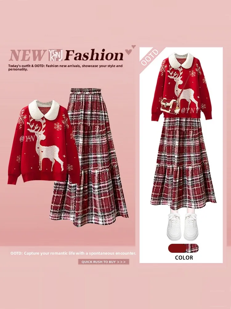 

Winter Cisas New Year Large Size Women's Knitted Sweater Plaid Skirt Two-Piece Set Red Color Celebration Outfit