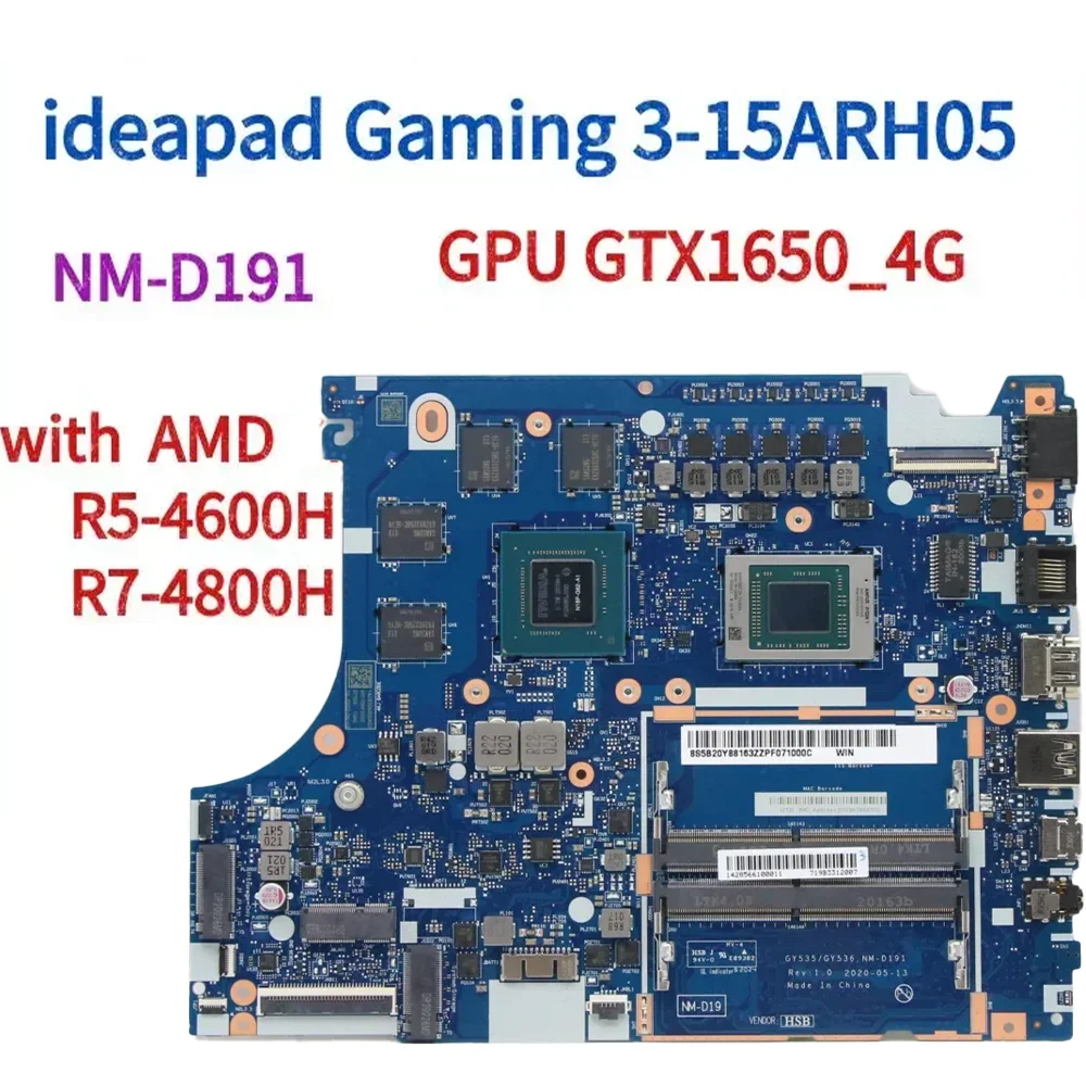 Placa-mãe portátil para Lenovo IdeaPad, jogos, 3-15ARH05, NM-D191, placa-mãe com CPU AMD, R5-4600H, R7-4800H, GPU GTX160 _ 4G