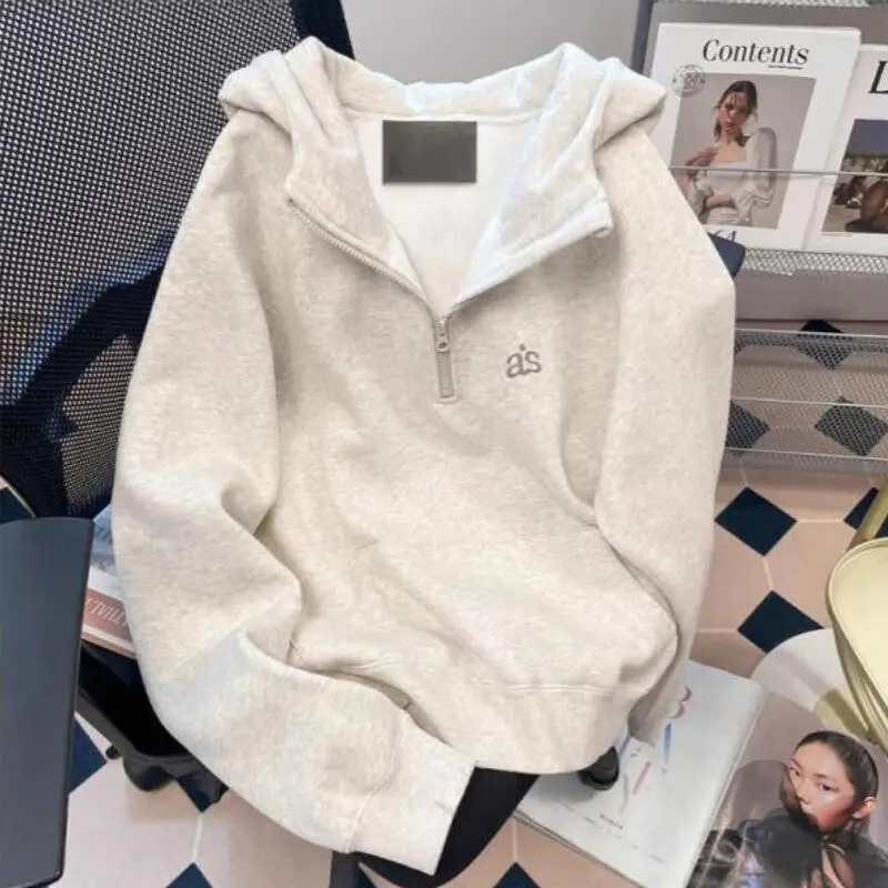 

Женская толстовка в корейском стиле с капюшоном на молнии до середины груди, на флисовой подкладке, модная повседневная одежда, простой однотонный топ для ранней весны