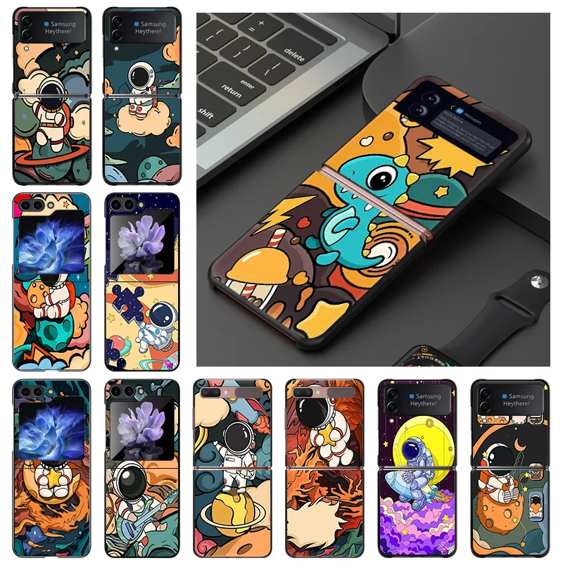 Hard Case for Samsung Galaxy Z Flip5 Flip3 5G Flip4 Flip Cute Moon Cartoon Astronaut Rocket Black Phone Cases Cover