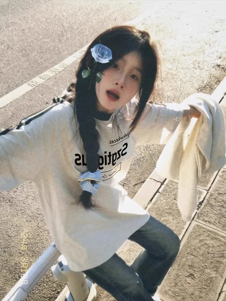 Cseta Fena de Aodão Puro Estilo Americano com Três tras Manga Curta Solta Estilo Preguiçoso Gola Redonda para o V...