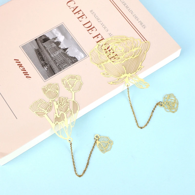 Creative Metal Painting Bookmark Chinese Hollow Fringed Lotus Tulip Bookmark Gifts Brass Tassel School Stationery