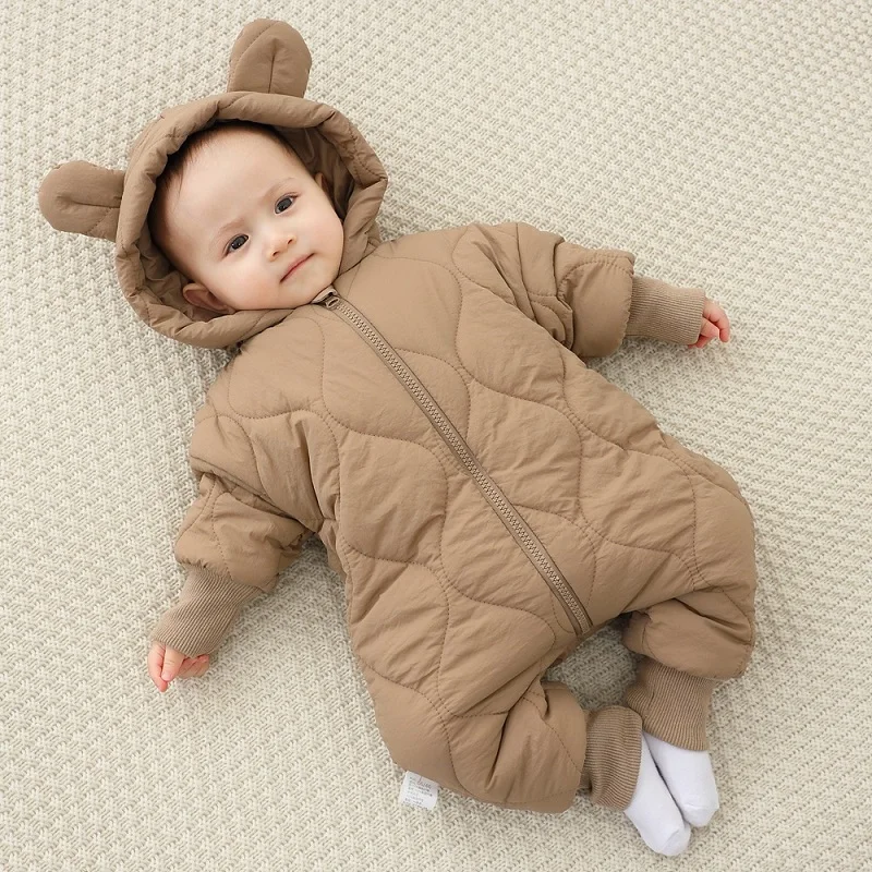 Baby jumpsuit Winter new plush and thick cotton clothes Newborn crawling clothes Baby and children\'s hooded outdoor clothes