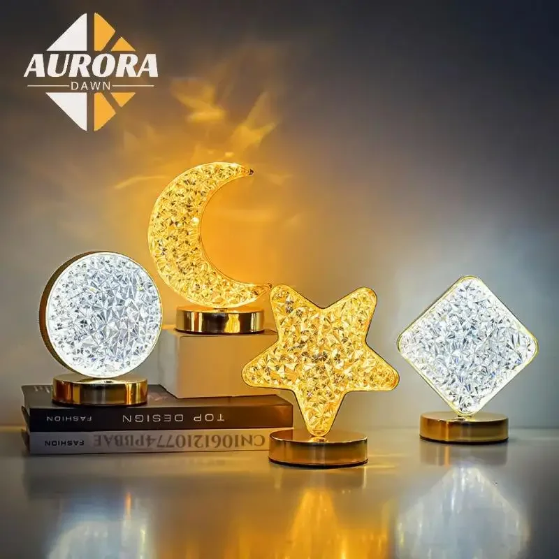 Led Crystal Table Lamp Diamond 3 Colors Romantic Star Moon Decorative Home Couple Bedside Night Light Touch Dimming Usb Charging