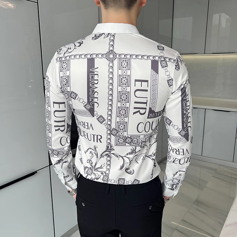 2024 Boutique Men\'s Fashion Gentleman Business Slim Senior Sense Trend Individuality Printed Office Casual Long-sleeved Shirt