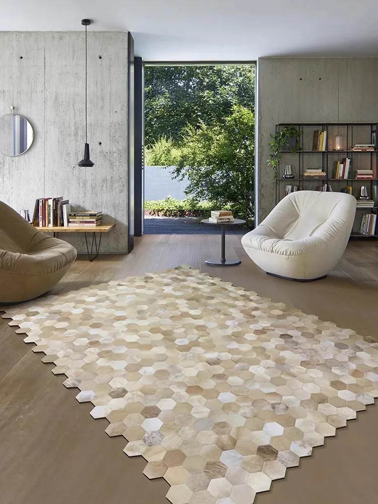 Irregular Edge Genuine Cowhide Carpet Handmade Patchwork Rug for Living Room Light Luxury Real Cowhide Cow Fur Carpet Bedroom