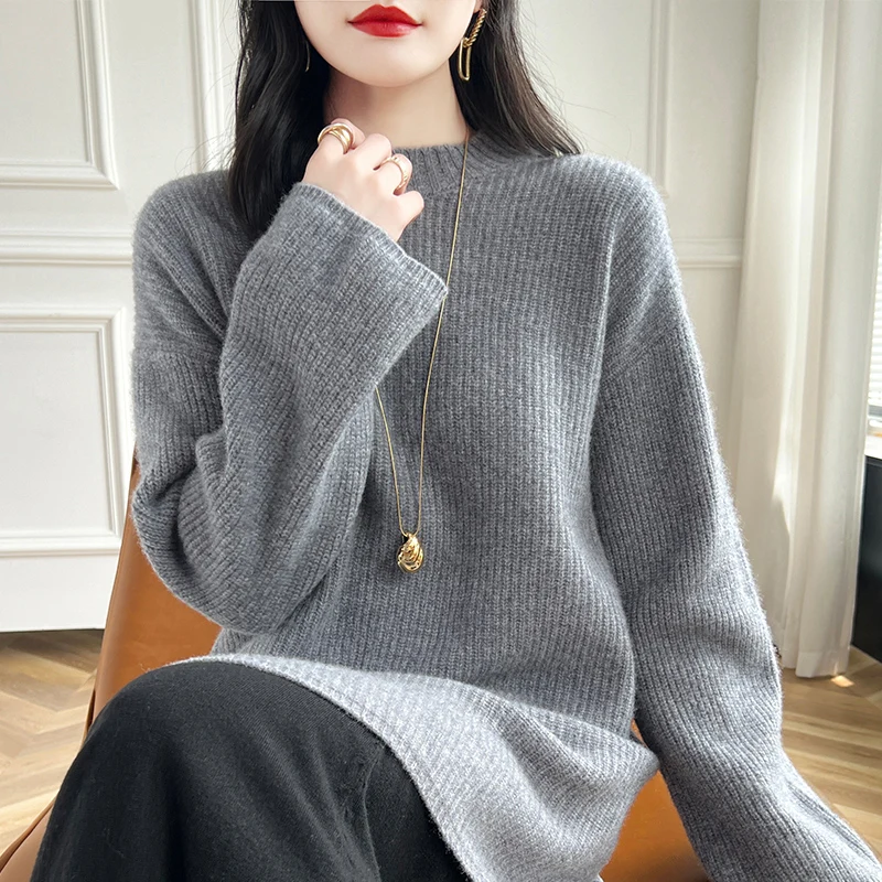 2024 Autumn/Winter New Sweater Women\'s 100% Merino Wool Knit Round Neck Pullover Medium Long Cashmere Clothing Korean Large Size