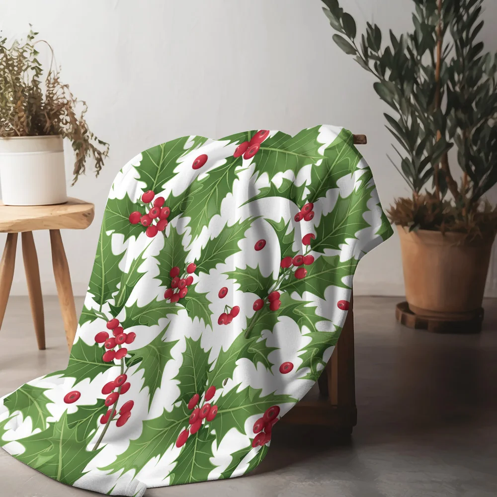 TU Festive Holly Berry Throw Blanket Cozy Christmas Decor Holiday Home Accent Warm Soft Plush Bedspread Couch Cover Gift