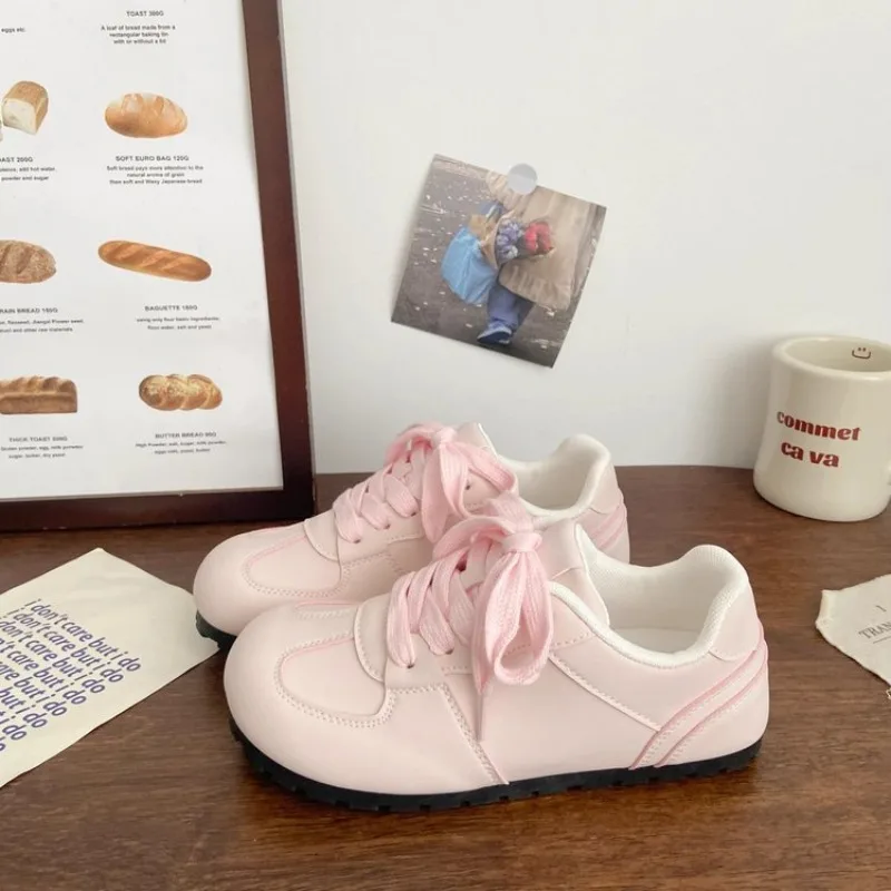 Damen Rosa Retro-Trainer-Schuhe, Süße Runde Zehenpartie, Schnürung, Lässige Sneakers, Weiche Sohle, Leichte Alltagsschuhe, Flache Schuhe – Detail 2