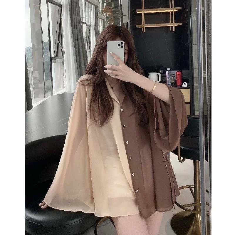 French Sunscreen Top Contrast V-neck Chiffon Shirt Women Vintage Blusas Mujer Loose Flare Sleeve Blouse Bandage Suits Tops