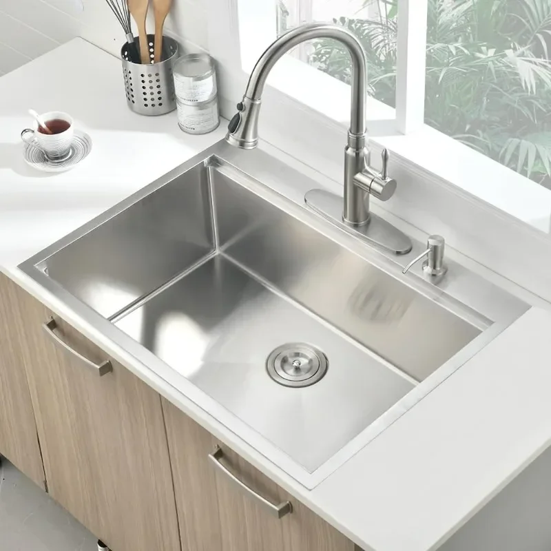 Topmount Drop-in Kitchen Sink Stainless Steel Kitchen Sink Handmade Single Bowl Deep Kitchen Sink with Cutting Board