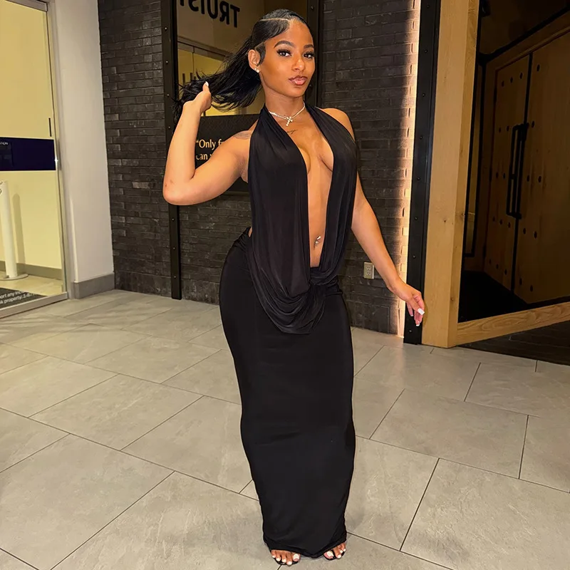 Abito da donna Sister Star all'ingrosso alla moda sexy ritaglio con scollo all'americana design con schiena scoperta abito lungo da festa in discoteca