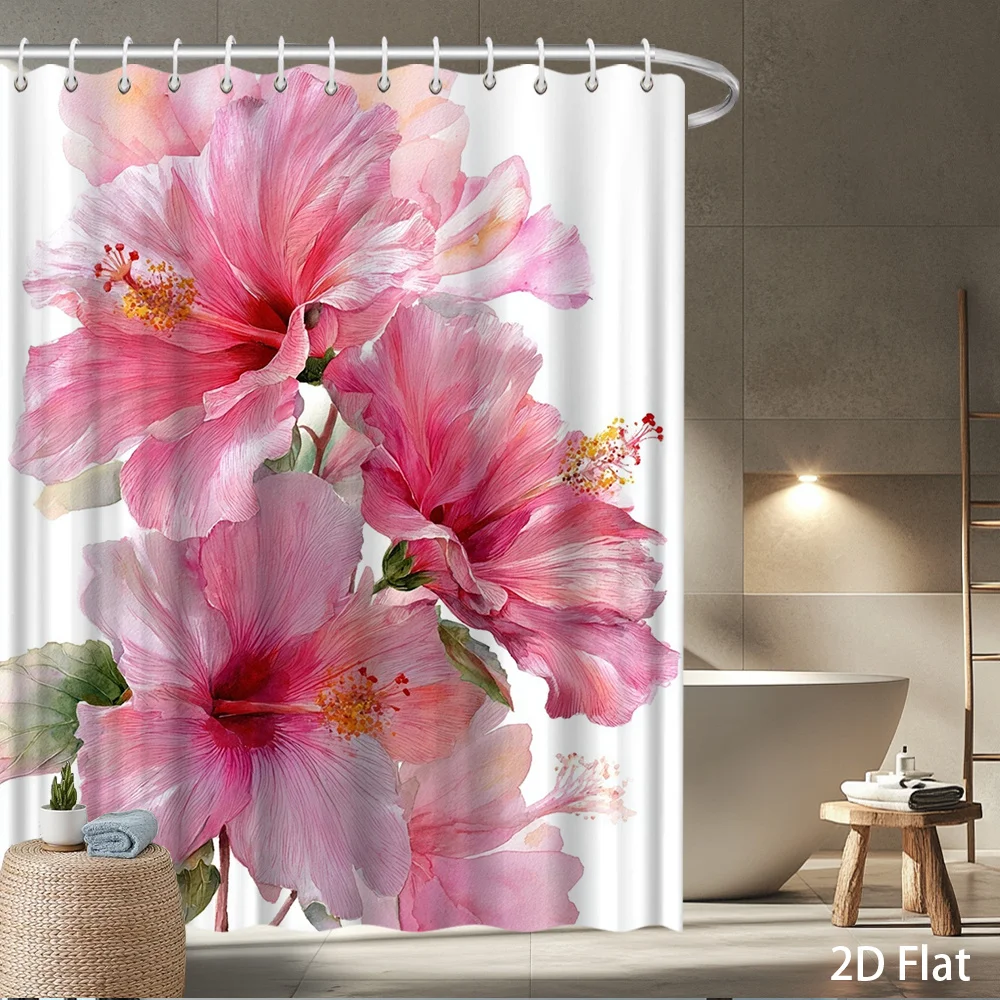 

Занавеска для душа с цветами гибискуса – розовый ботанический принт, 2D-эффект акварели, водонепроницаемый полиэстер, 70,8×70,8 дюймов, 12 крючков