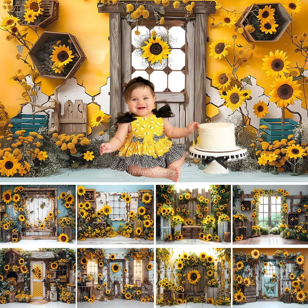 Summer Sunflower Girl 1st Birthday Background Photography Studio Sweet Bee Baby Show Cake Smash Backdrop Wooden Door Decor Booth