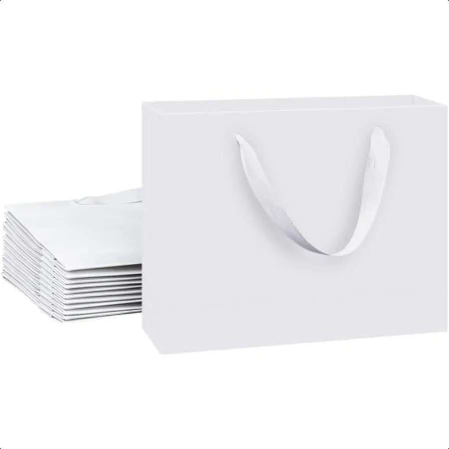 

12 Pack White Gift Bags with Ribbon Handles Medium Size Reinforced Bottom Heavy Duty Paper Occasion Bags for Retail Party Weddi