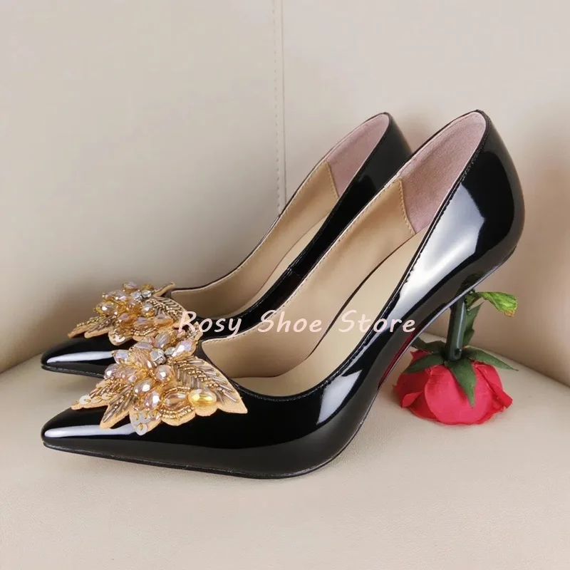 

Red Patent Leather Black Suede Elegant 3D Rose Heel Women's Pumps Wrapped Pointed Toe Shallow Mouth Wedding Banquet Bride Shoes