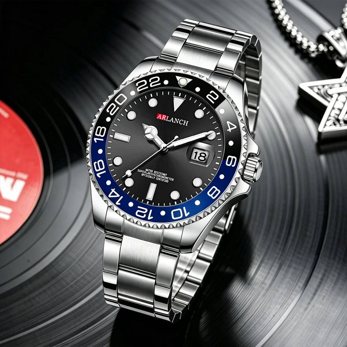 Relógio de Aço Inoxidável 40mm, Estilo Empresarial, Série de Mergulho com Círculo Vermelho e Azul, Relógio de Quartzo com Lente de Aumento e Calendário, montre homme