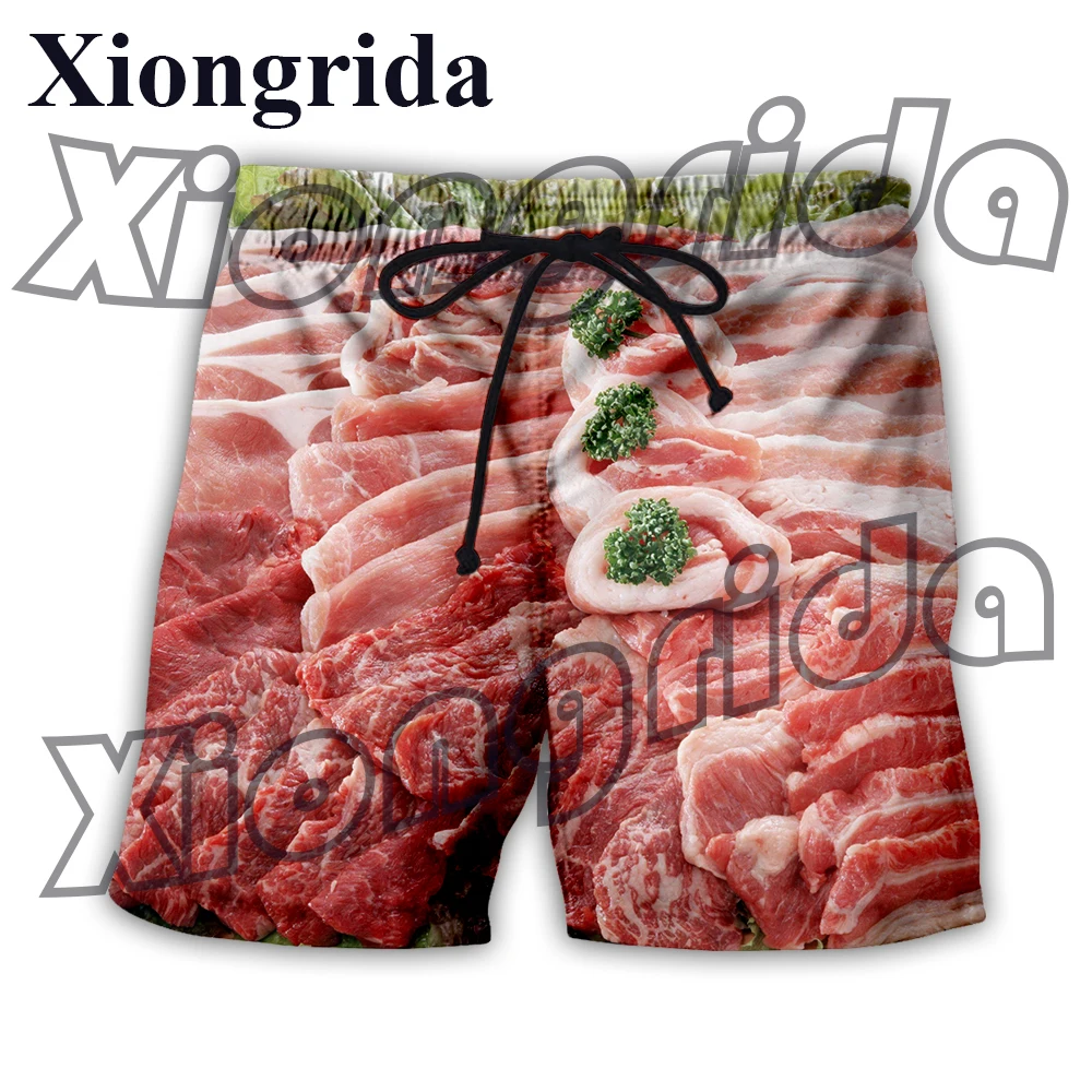 Pantalones cortos divertidos con estampado de carne para hombre, bañadores de cintura elástica con estampado 3D de cerdo crudo, pantalones cortos de