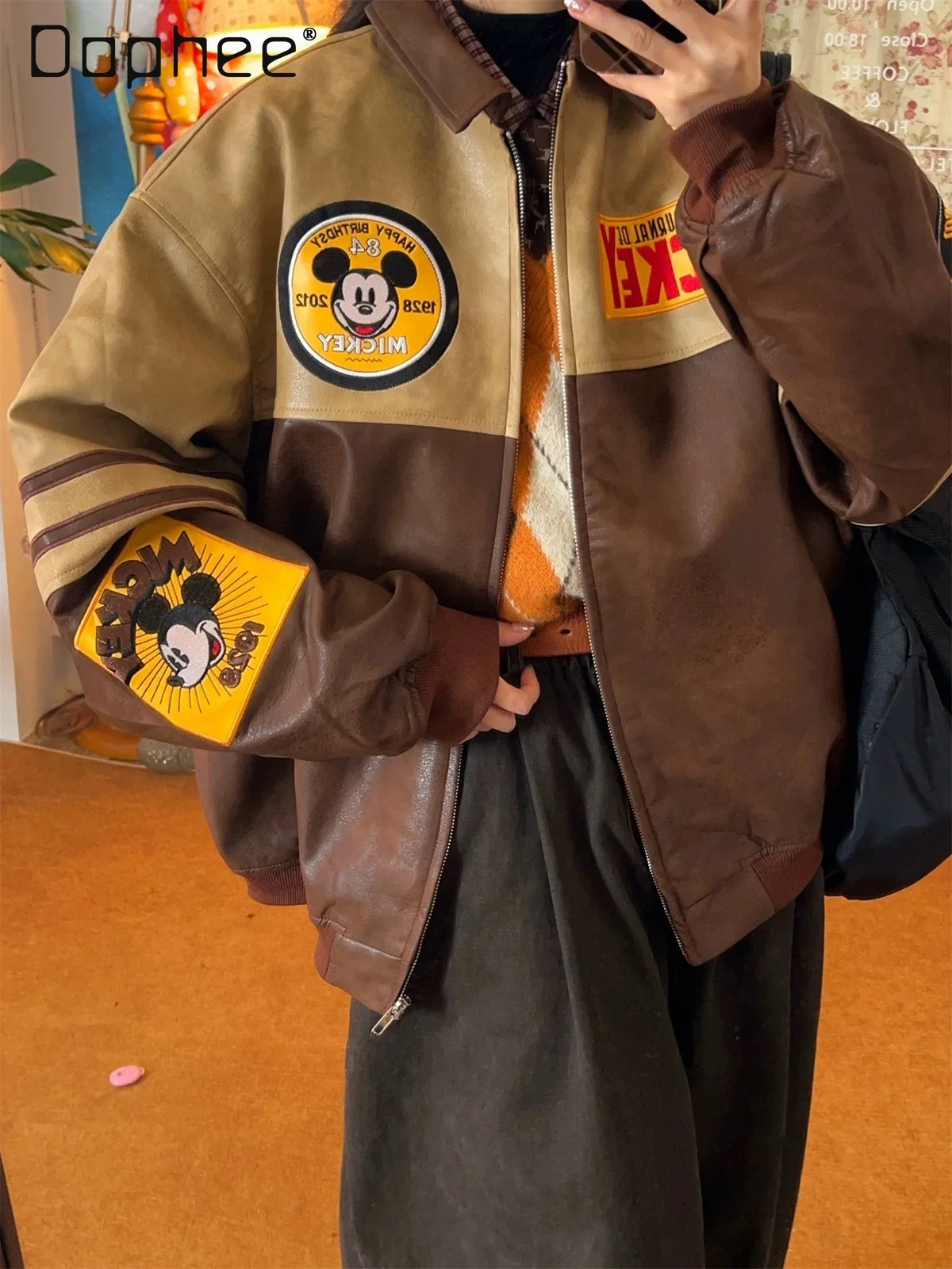 

American Retro Fun Cartoon Heavy Embroidery Color Block Leather Jacket Unisex Loose Casual College Style Jacket Coat Trendy