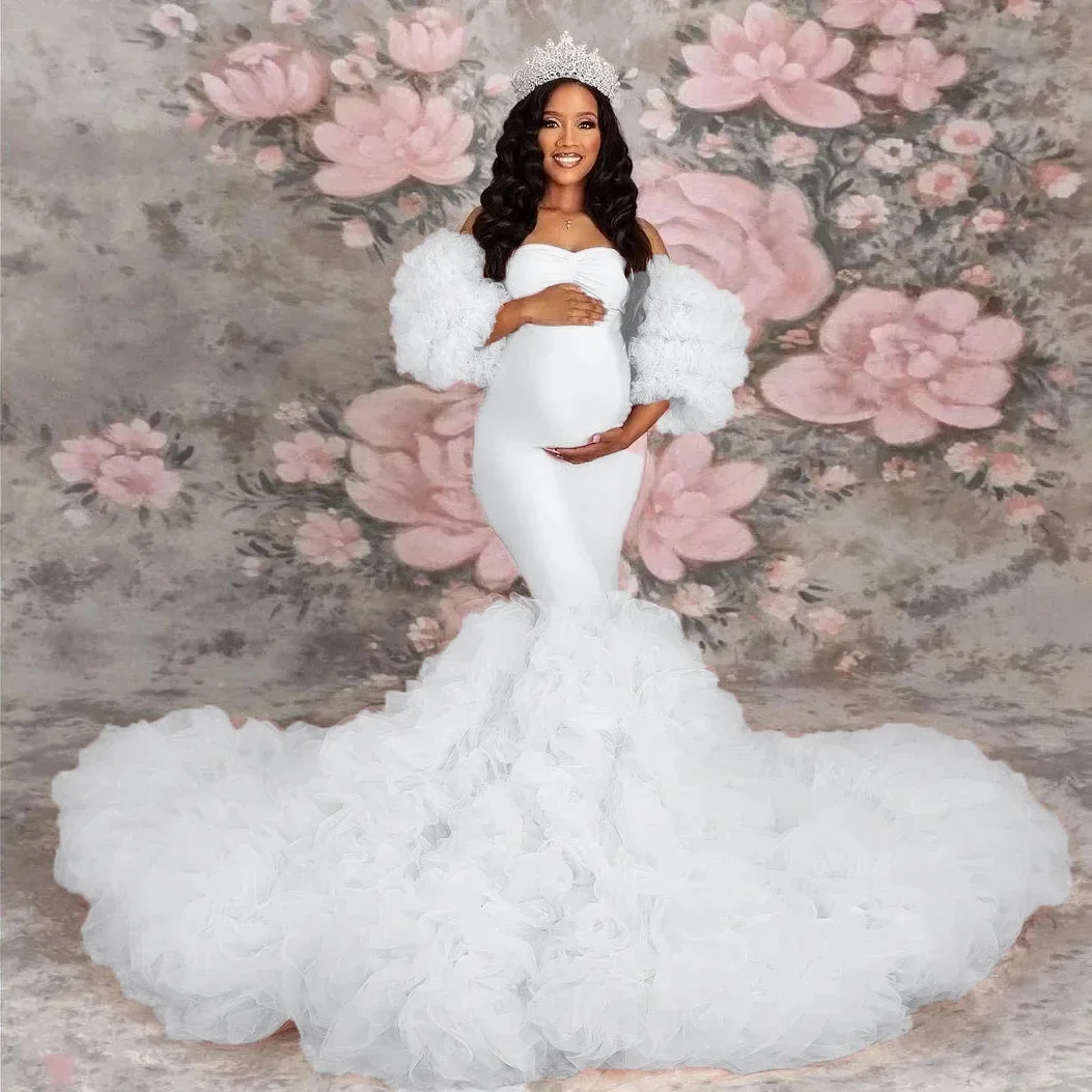 Stretch Pink Mermaid Maternity Dresses Photoshoot Puffy Sleeves baby shower платье для беременных فساتين حوامل vestidos para em