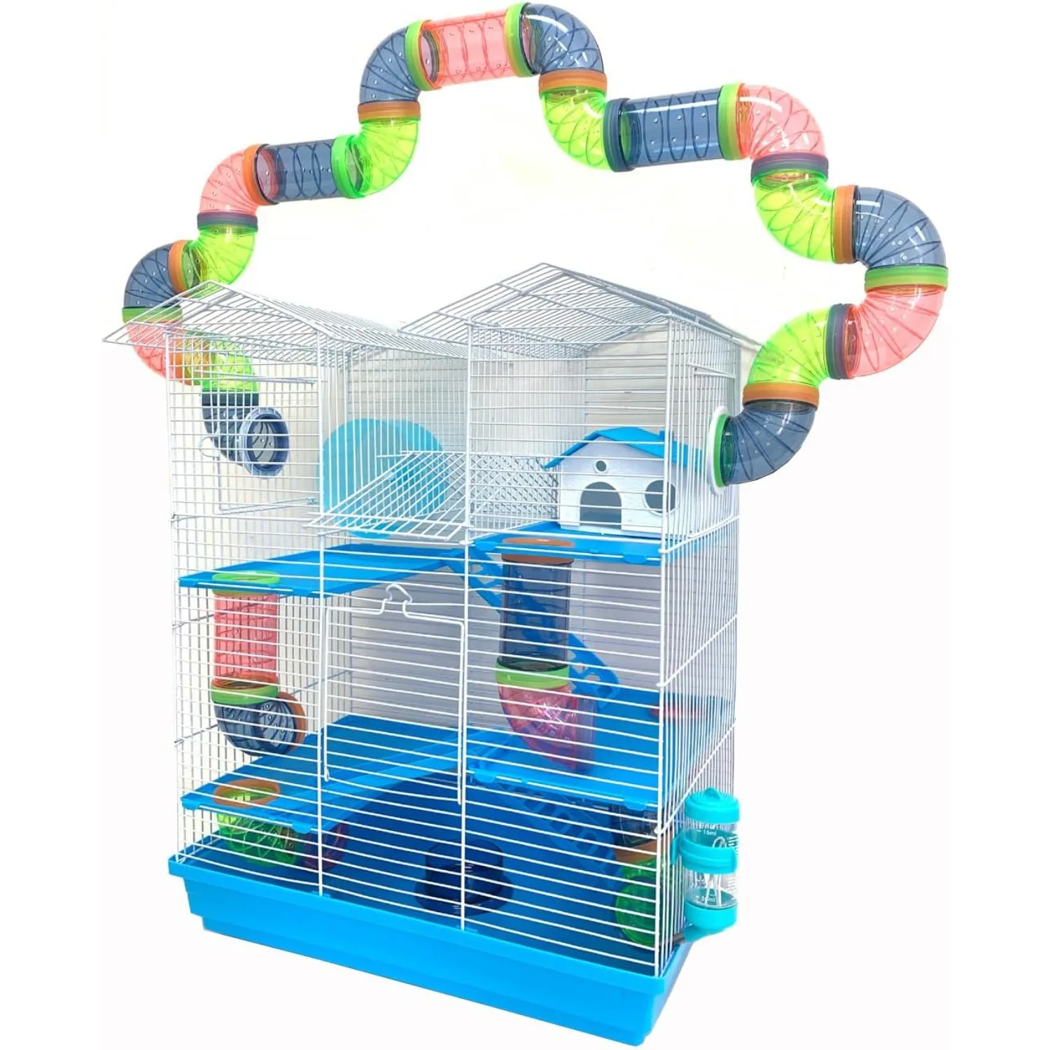 Large Muli-Level Hamster Mansion Rodent Rats Critter Home Cage Expandable with Hide House Food Dish Running Wheel Water Bottle