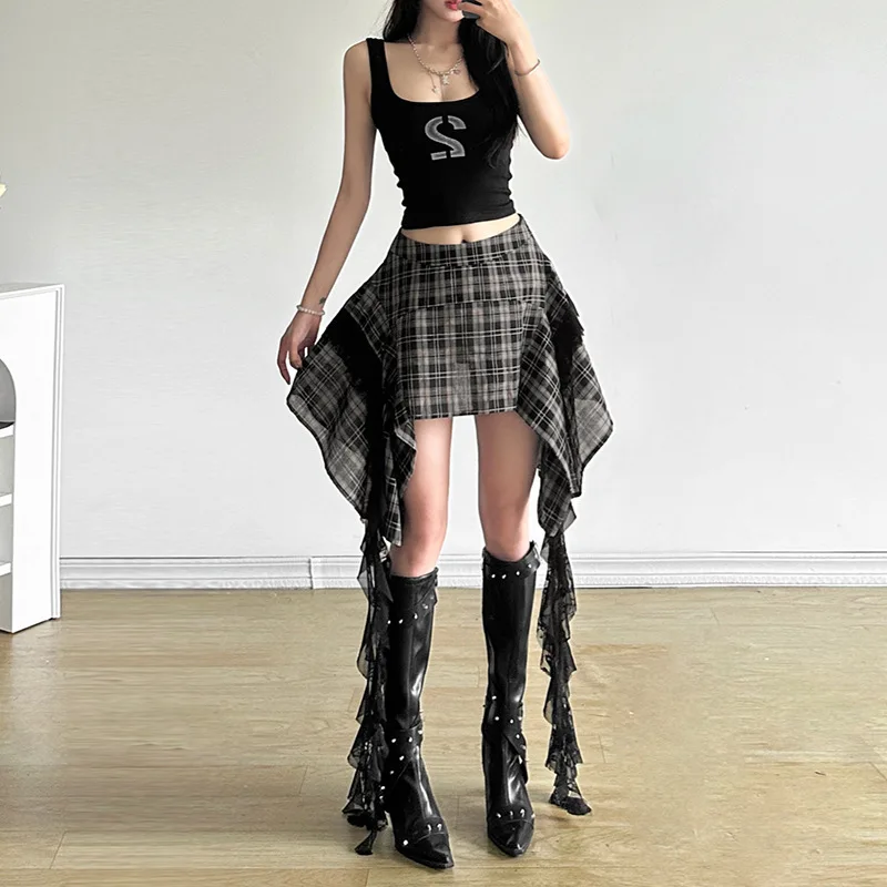 2025 Summer New Women's Clothing Retro Plaid Splicing Irregular Design Slim Skirt