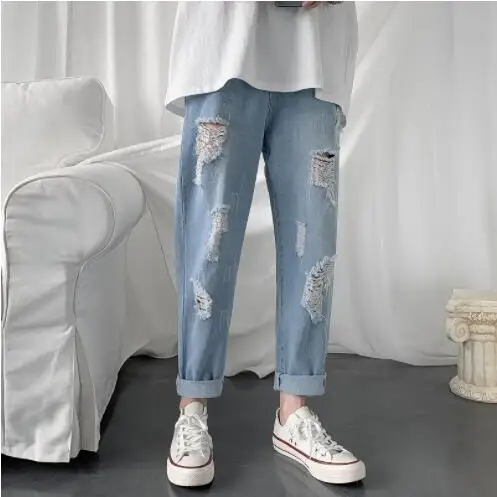 

2022 Men's Ripped Casual Street Hip Hop Punk Jeans Trendy Holes Straight Denim Trousers Young Boys Casual Elastic Waist Pants