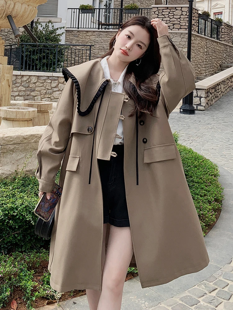 

Women Clothes Khaki Retro Single Breasted Jacket Sweet Big Lapel Coat Elegant Femme Loose Outerwear Long Windbreaker Casual New