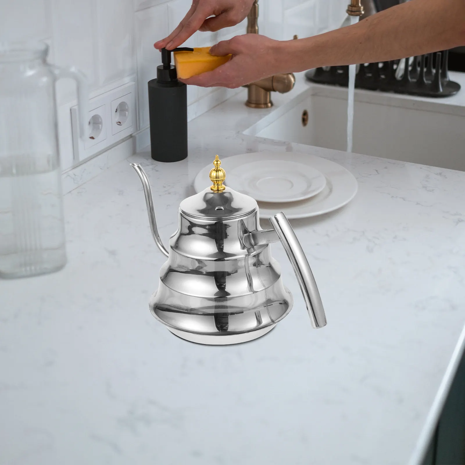 

Stainless Steel Tea Kettle with Handle and Built-in Filter for Home Office Use Smooth Pouring Long Spout Metal Teapot Kitchen