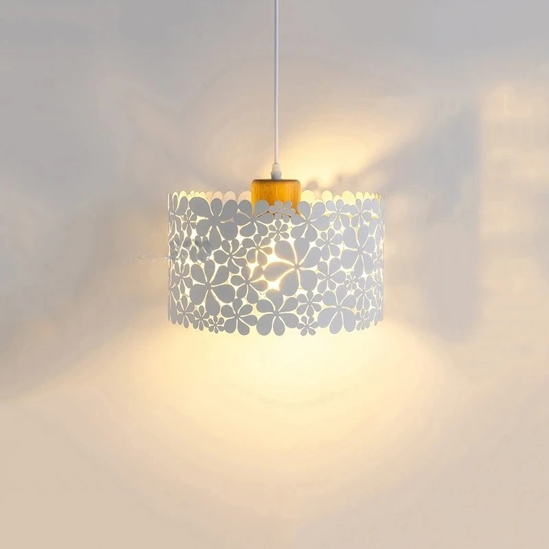 Decorative White Flower Hollow Carving Pendant Light with Wooden Accent for Bedroom Living Room Kitchen Dining Room Ceiling Lamp
