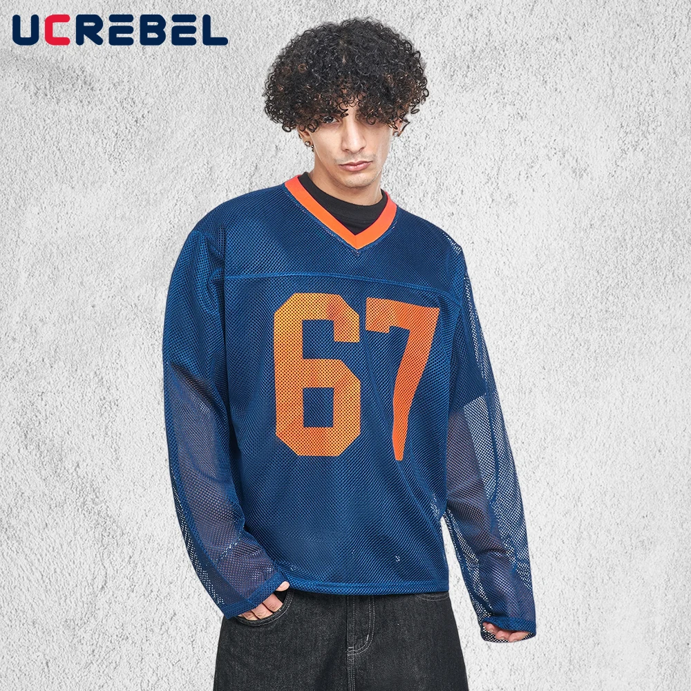 

Letter Print Mesh Long Sleeve T-shirt Mens Contrast Paneled Hip Hop Streetwear Loose V-neck Long Sleeve Tee Man