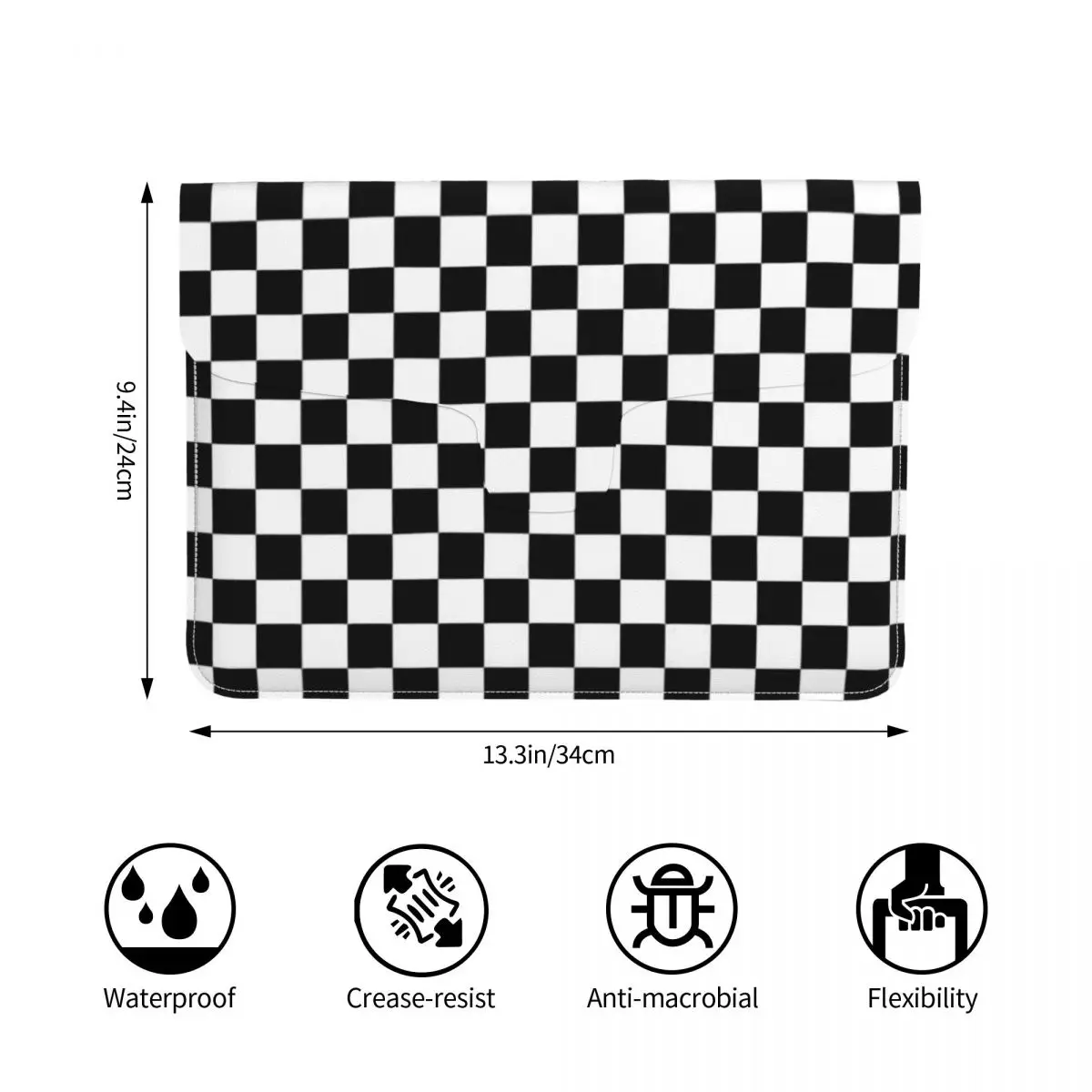Black And White Checkered PU Leather Horizontal Laptop Sleeve Shockproof Soft Lining Notebook Case 13 Inch